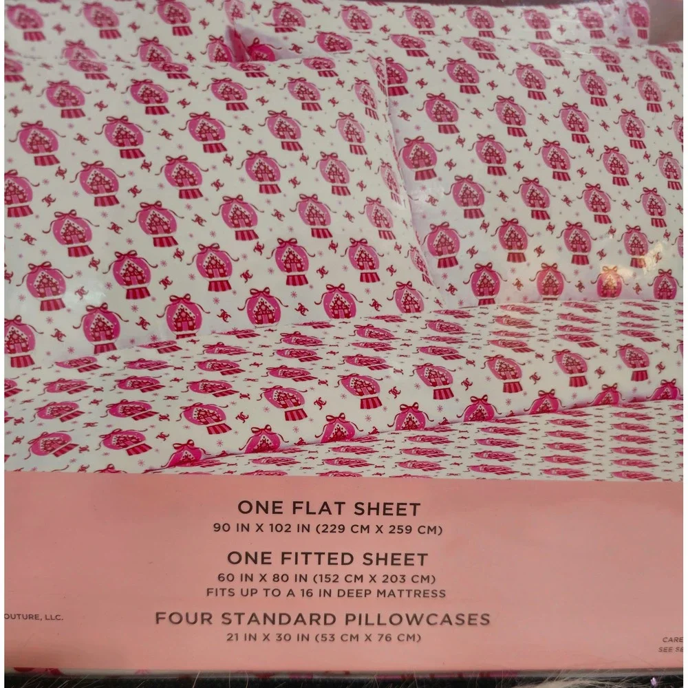 Juicy Couture Christmas Queen Sheet Set Snow Globe Pink White Red Bedding NWT